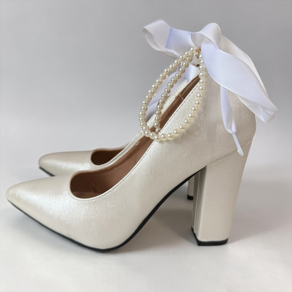 Bridal Pearl Bow Block Heel Pumps Ivory Shimmer Pointed Toe Wedding Shoes SZ 38